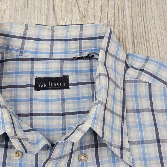 Van Heusen Shirt Mens Large Blue Plaid Short Sleeve Button Up Wrinkle Free - Picture 4 of 5